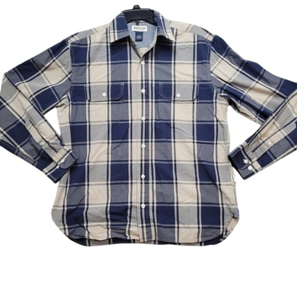 Magellan Sportswear Plaid Button Down  Mens‎  Medium Beige Blue Cotton Casual